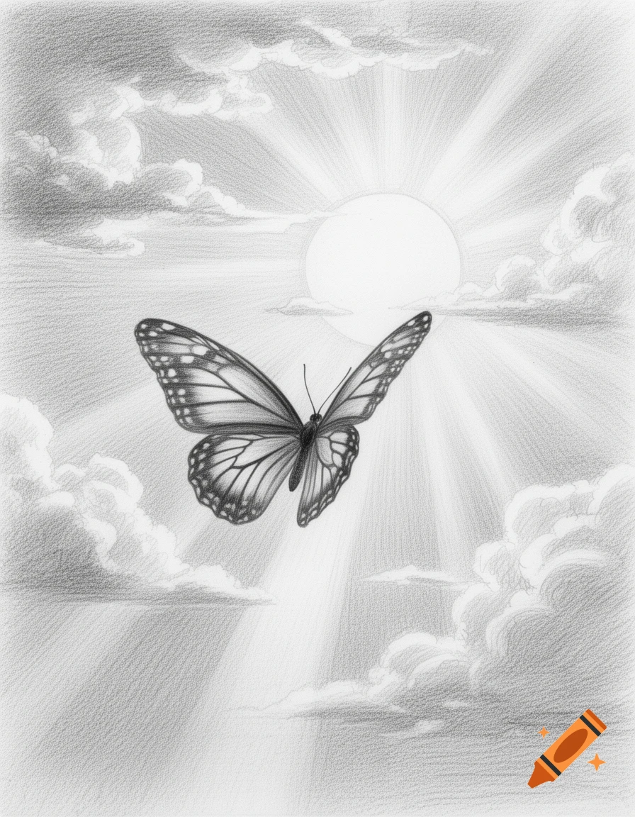 Pencil drawing of a butterfly with detailed wings flying towards a bright sun with rays through a cloudy sky.