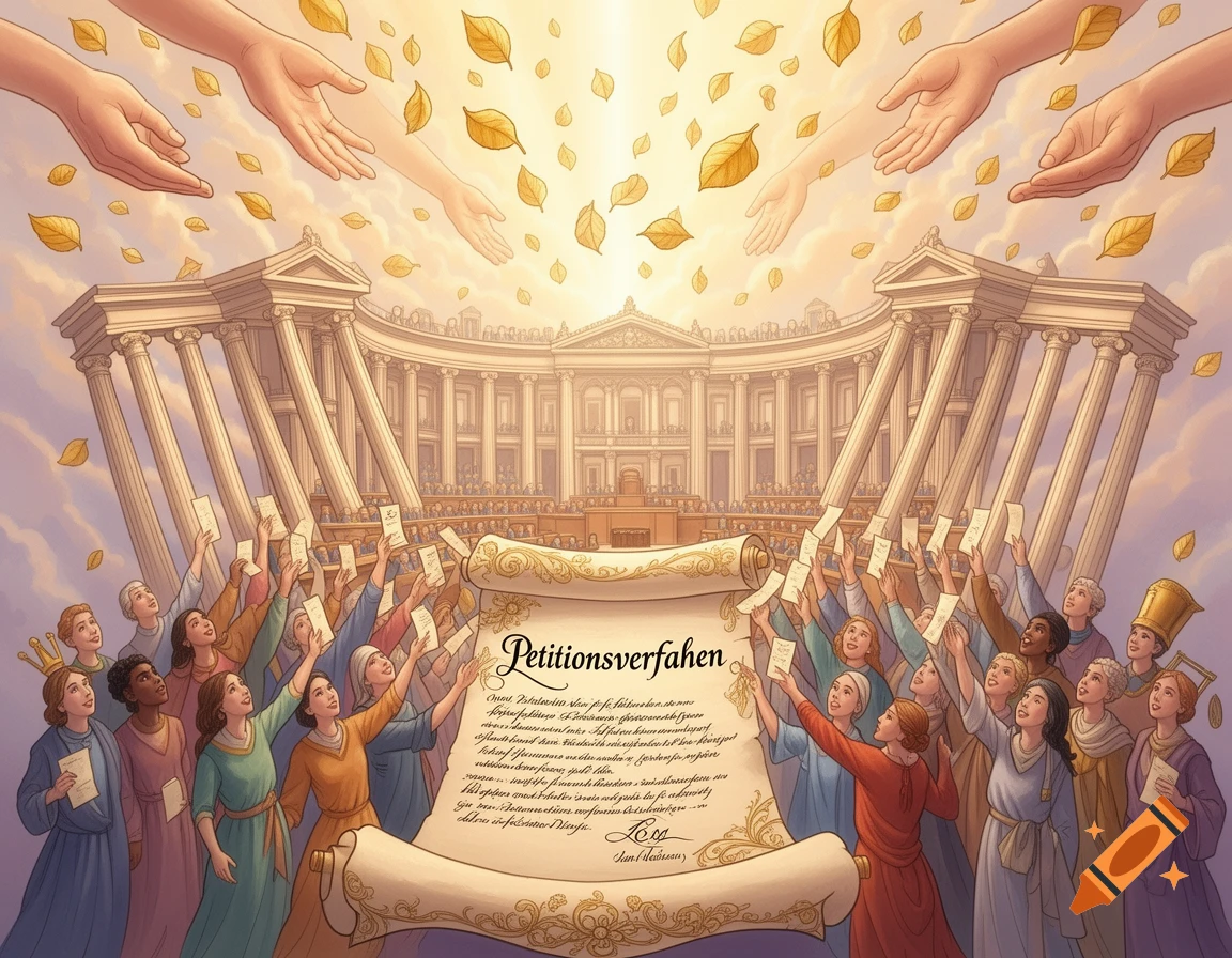 An illustration of a petition process, featuring a crowd holding papers and a scroll labeled 'Petitionsverfahren' in front of a grand classical building, with hands reaching from above and golden leaves falling.