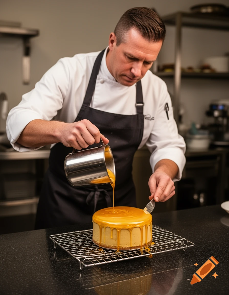 A male chef in a professional kitchen pours golden glaze over a round cake on a metal cooling rack. Photorealistic culinary image.