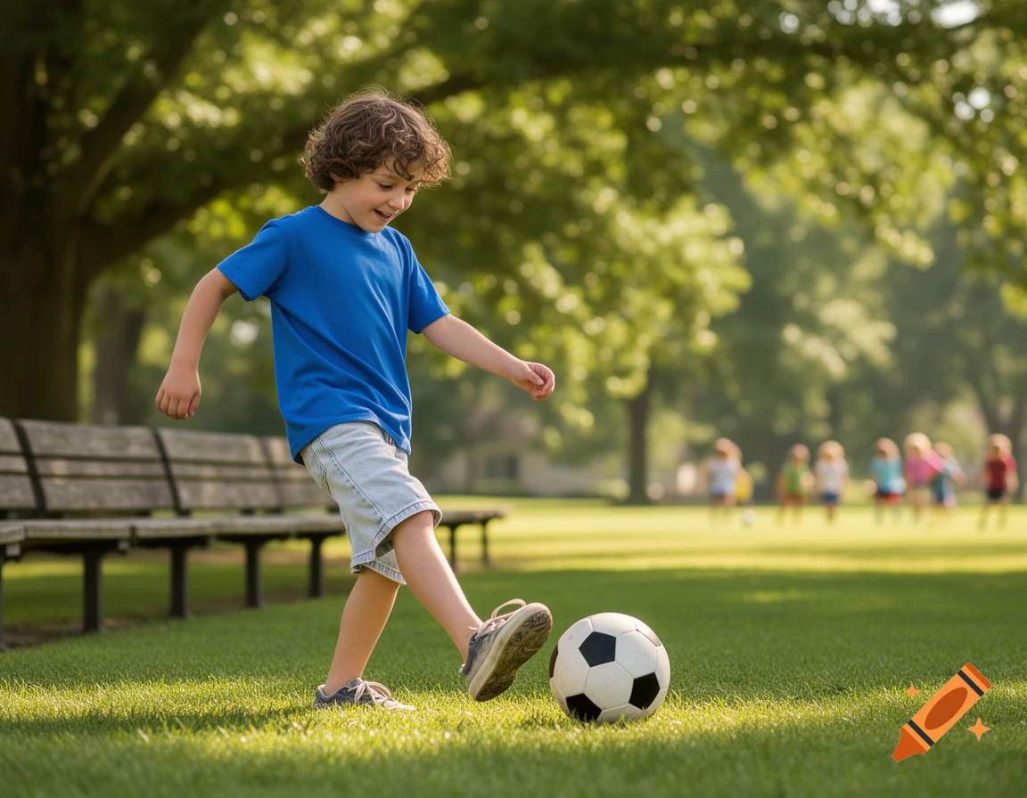 A smiling boy in a blue shirt and shorts plays soccer in a sunny park with other blurred children in the background.