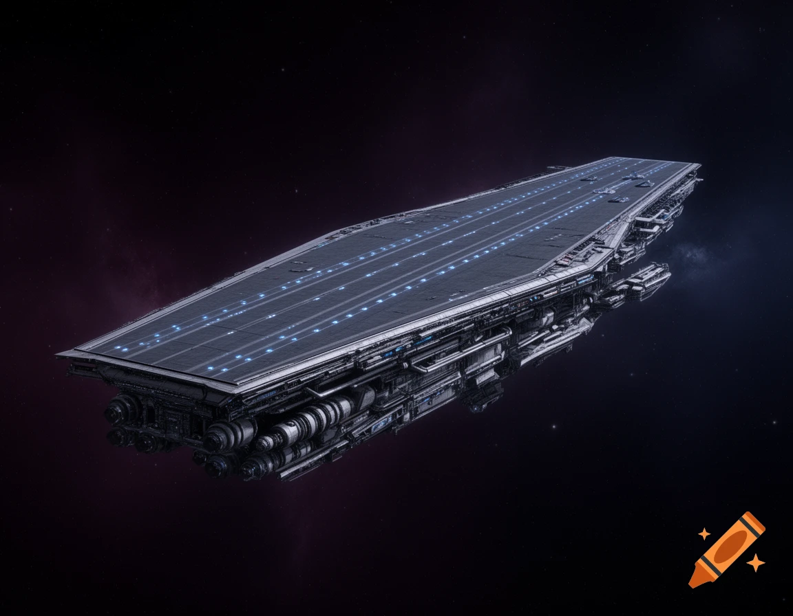 A detailed, angular space battleship carrier with a lit flight deck, floating in a dark, starry space.