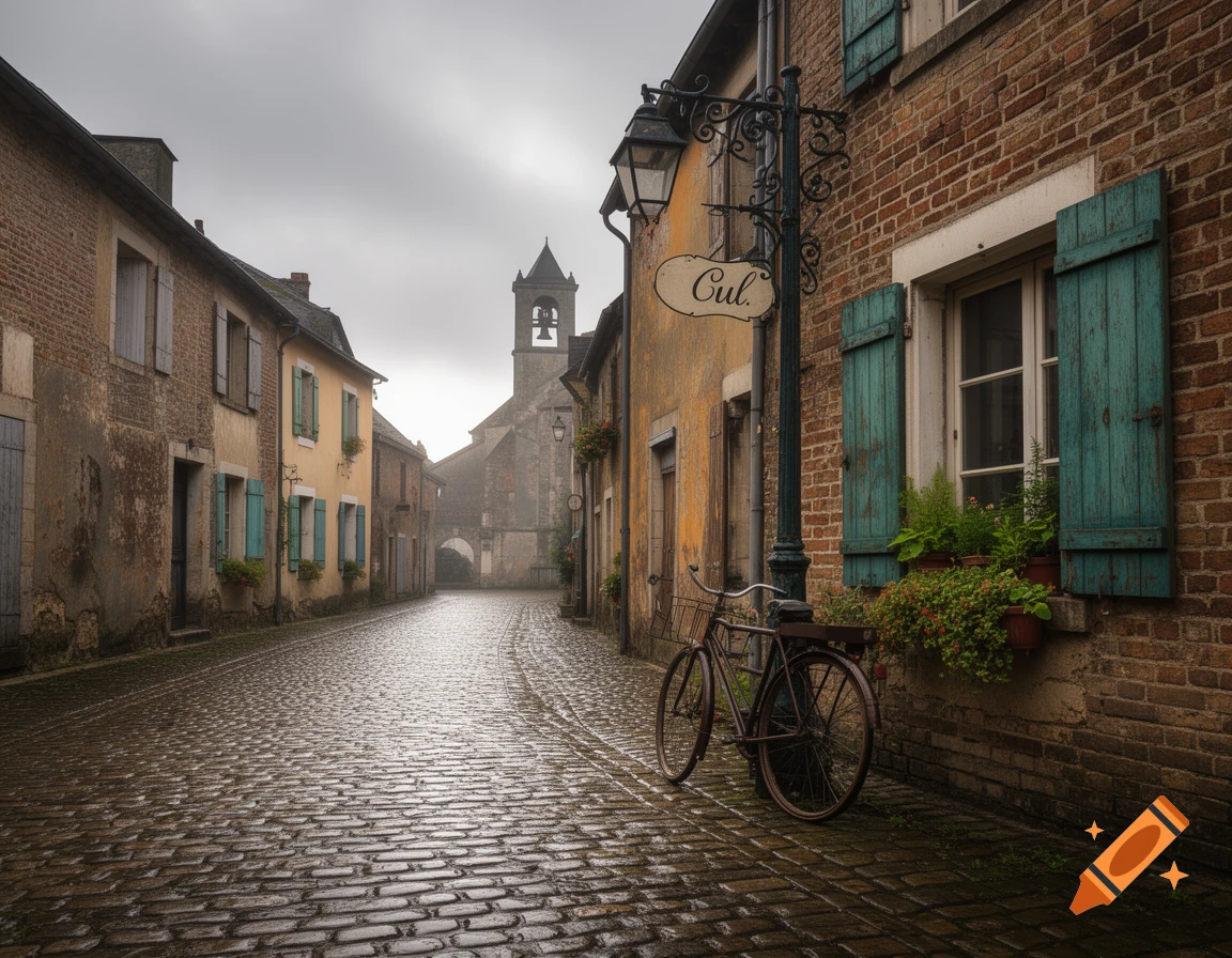 A quaint European cobblestone street with old buildings, a bicycle parked by a lamp post, and a church in the foggy distance.