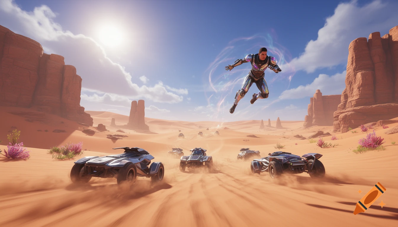 A futuristic person in a metallic suit leaps over advanced dune buggies racing through a sunlit desert canyon.