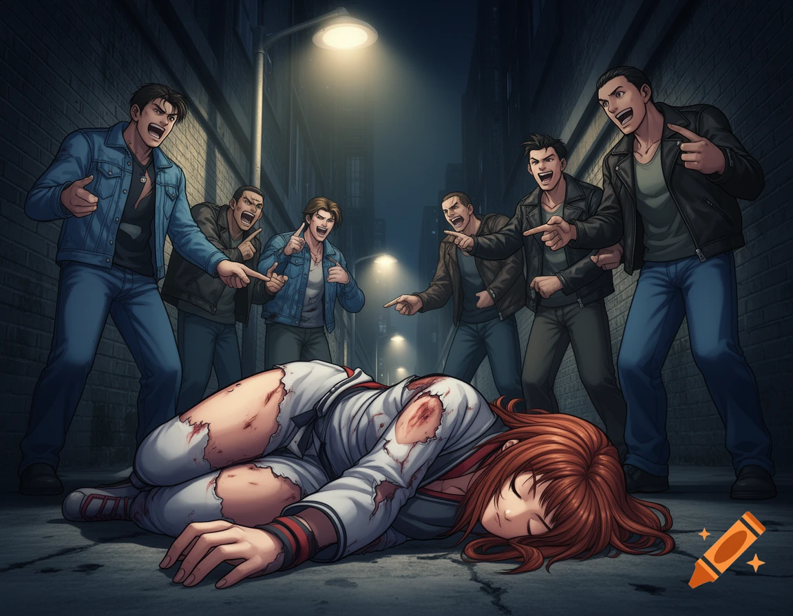 An injured, unconscious red-haired woman lies on a dark alley ground, as six men in anime style laugh and point at her.
