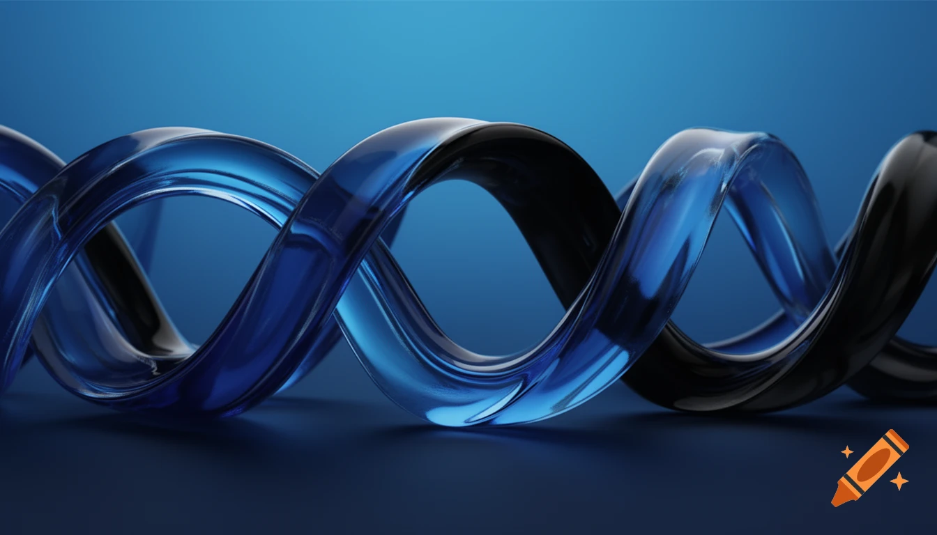 A striking blue and black glass-like twisted ribbon structure against a gradient blue background, resembling a DNA helix.