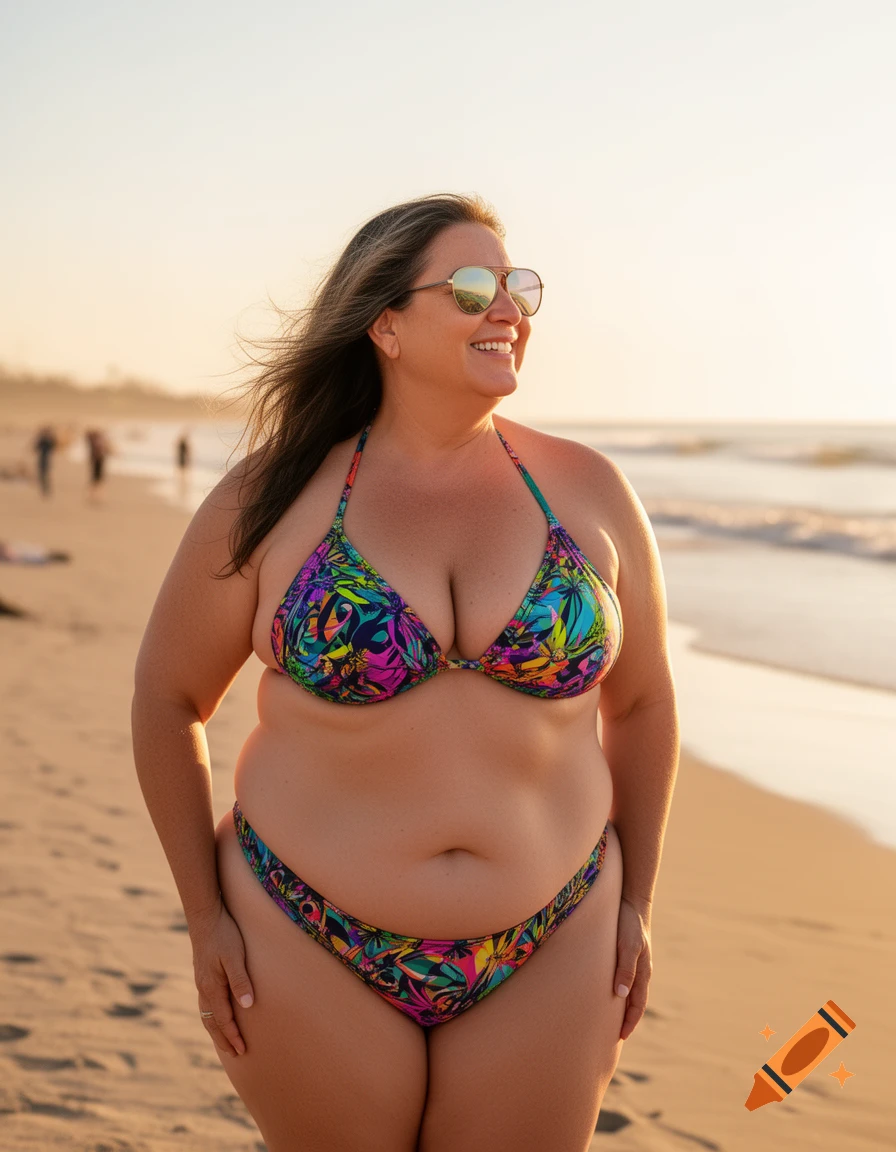 A smiling woman in a colorful bikini and sunglasses stands on a beach at sunset.