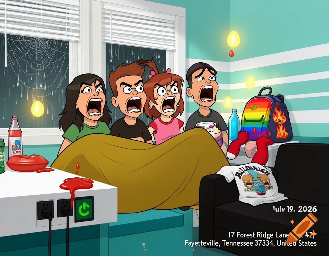 Four cartoon characters scream in a room with a spiderweb on the rainy window, red liquid spilled on a table, and a rainbow backpack.