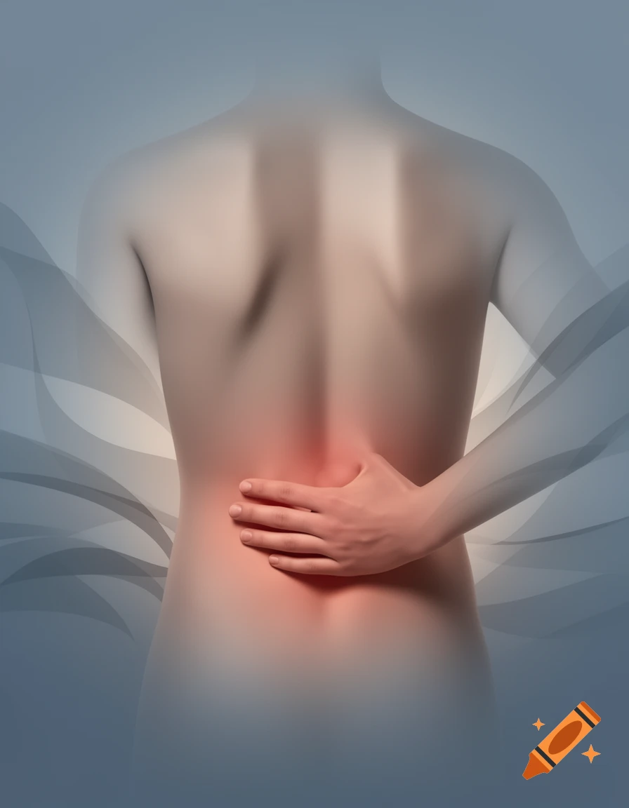 Stylized back of a person with a hand on the lower back, glowing red to indicate pain, on a blue and gray background.