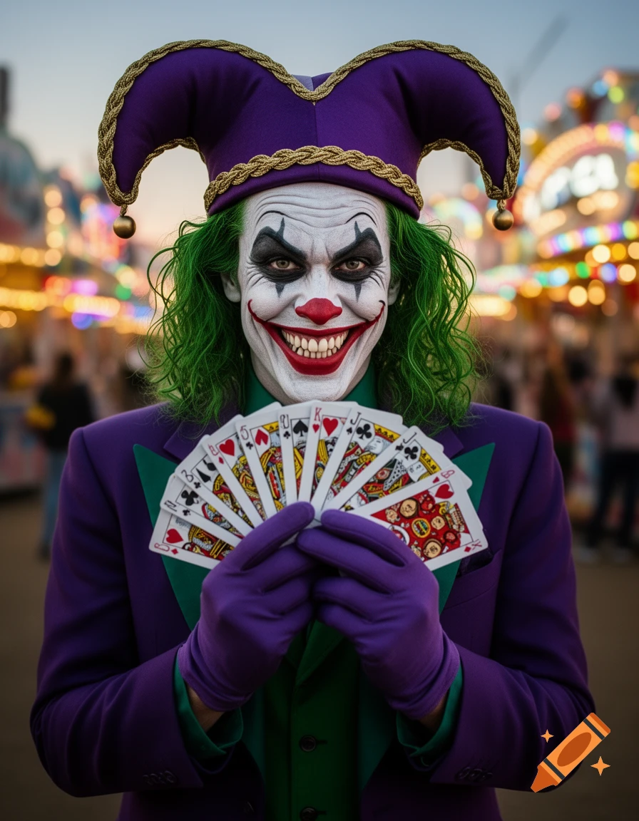 A photorealistic Joker-like clown in a purple suit and jester hat, with green hair and white makeup, holding a fan of playing cards at a carnival.