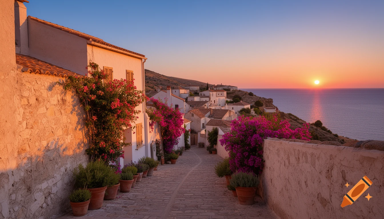 A charming Mediterranean village street at sunset, with white houses, vibrant bougainvillea, and a view of the sea.