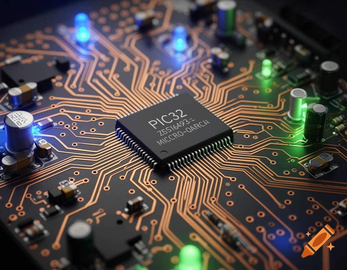Close-up of a dark PCB board with bright copper traces and glowing blue and green components, centered on a "PIC32" microchip.