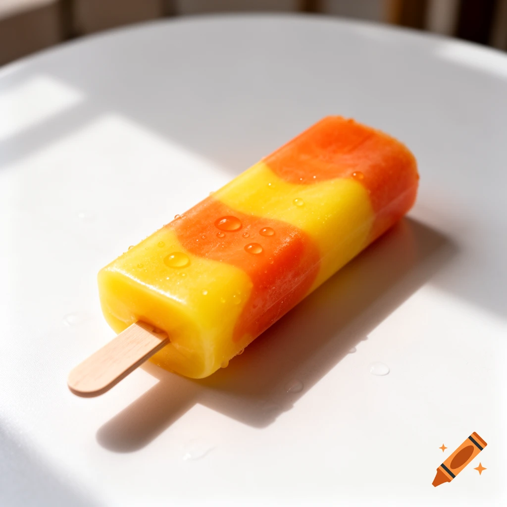 A vibrant orange and yellow mango maracuja popsicle with water droplets, resting on a white surface in bright light.