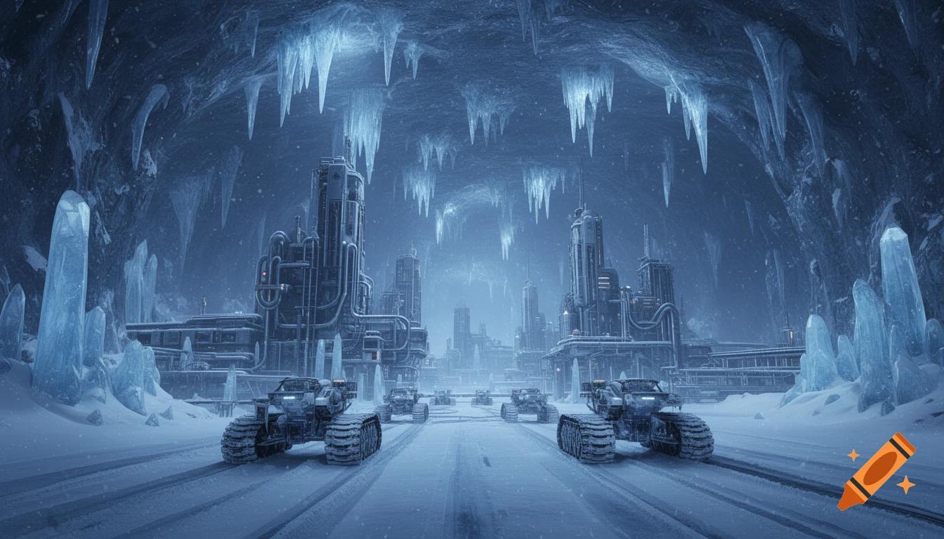 A futuristic mining city with tracked vehicles within a vast icy underground cavern, featuring towering structures and glowing ice formations.