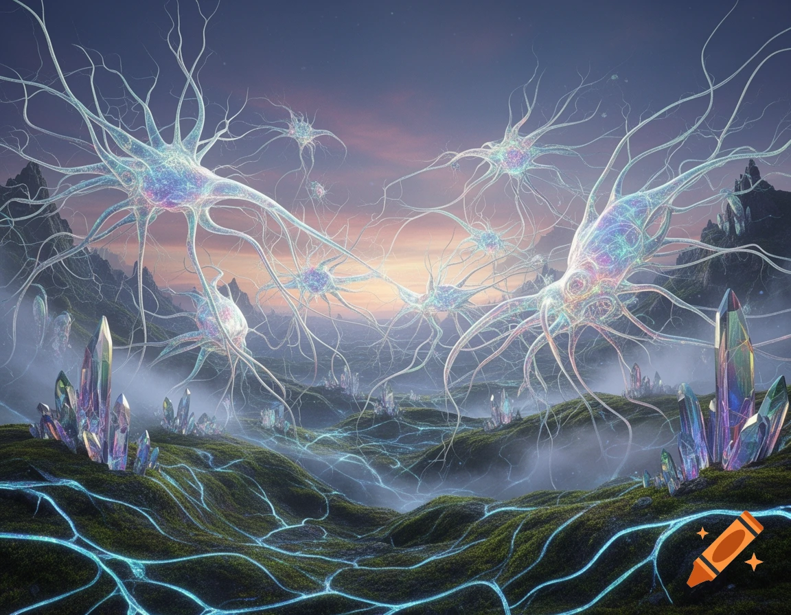 Otherworldly landscape with glowing neuron-like creatures, iridescent crystals, and luminous blue patterns on green terrain at sunset.