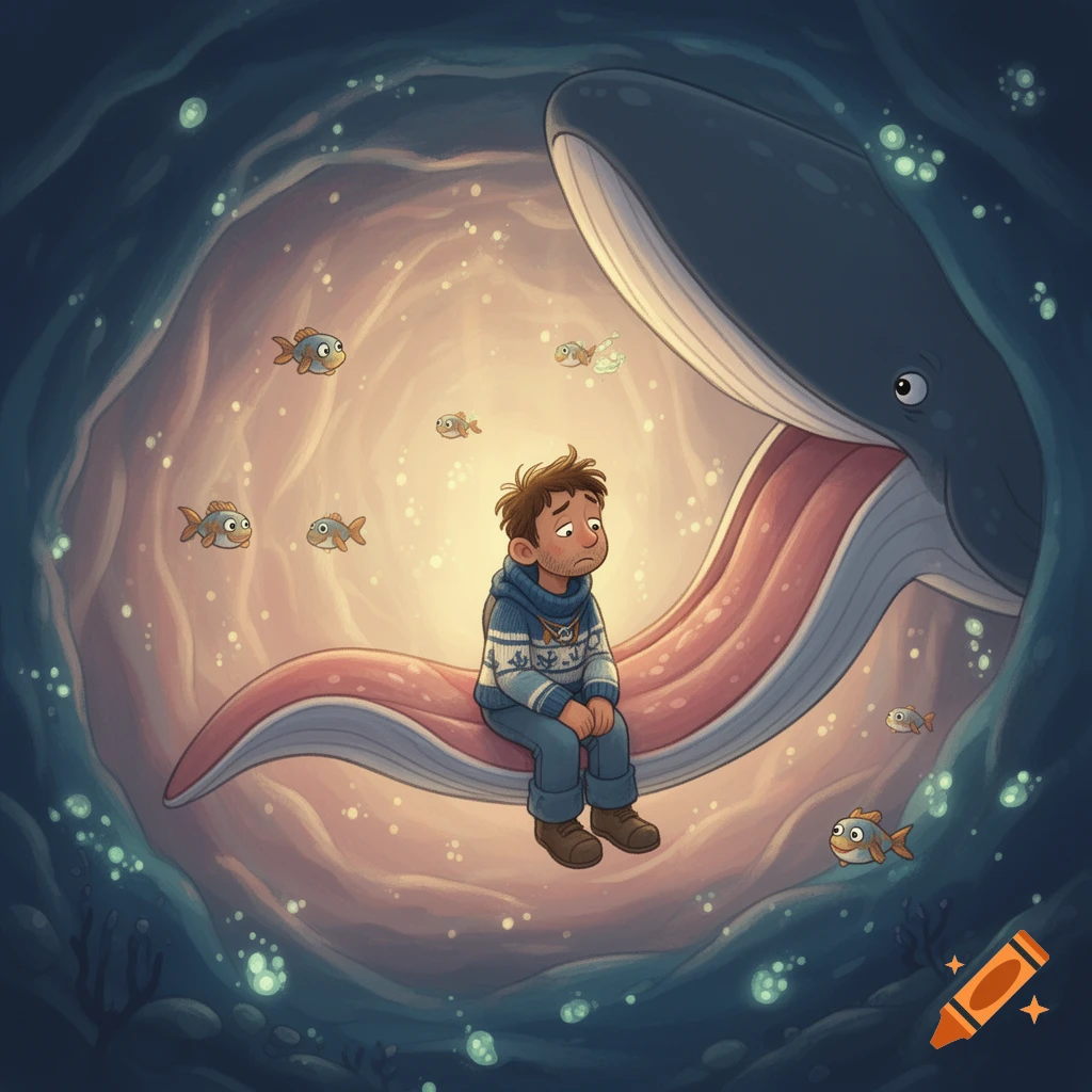 A sad boy sits inside the cavernous, illuminated mouth of a large whale, surrounded by glowing specks and small fish, in a whimsical cartoon style.