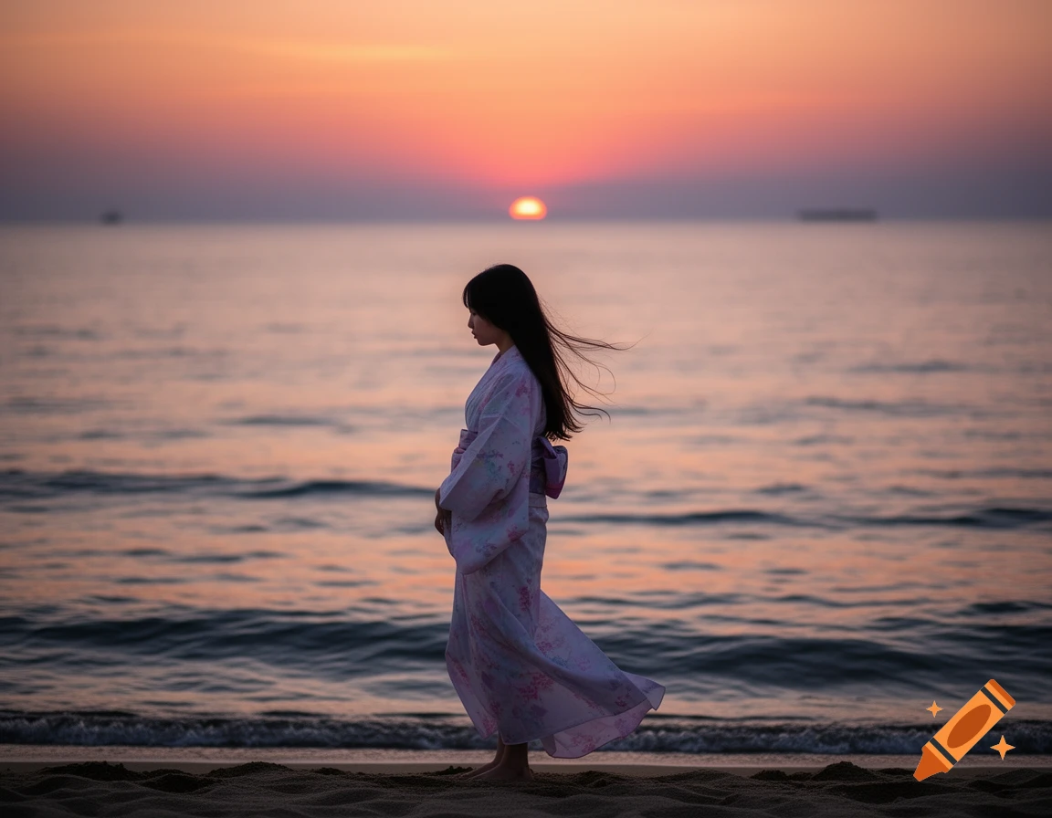 A person in a light-colored kimono stands on a sandy beach, silhouetted against a beautiful sunset over the ocean.