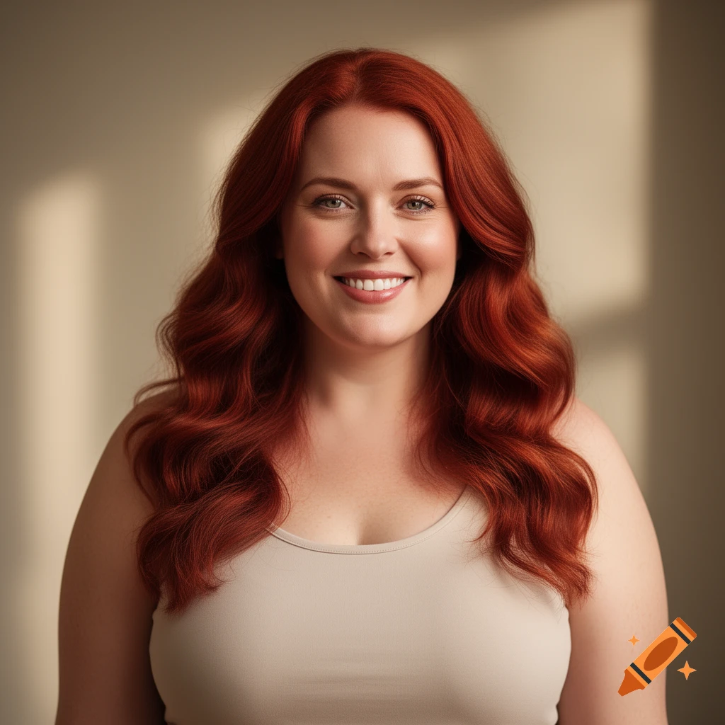 Photorealistic portrait of a smiling woman with long wavy red hair and a light tank top, against a soft background.