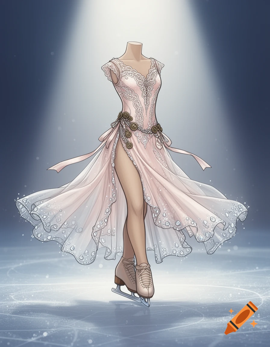 Stylized illustration of an elegant pale pink figure skating costume with lace and sequins on a mannequin with ice skates.