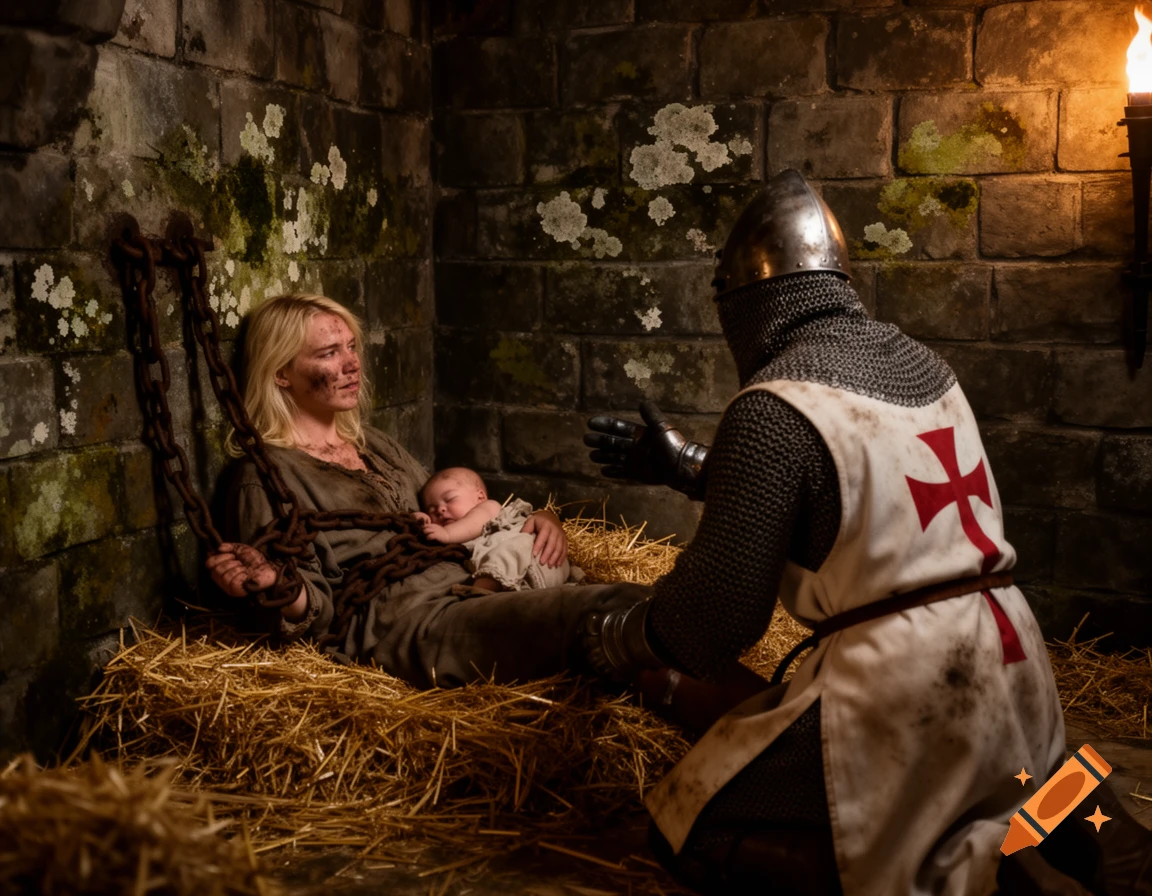 A templar knight kneels before a chained woman holding a baby in a dark, stone dungeon filled with straw.