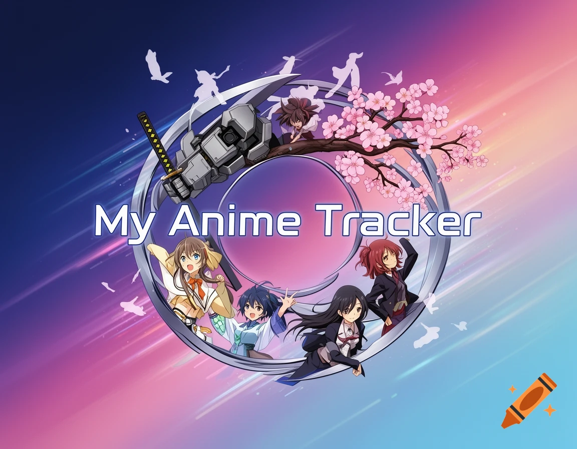 Anime characters with a katana and cherry blossoms on a colorful background, centered with 'My Anime Tracker' text.