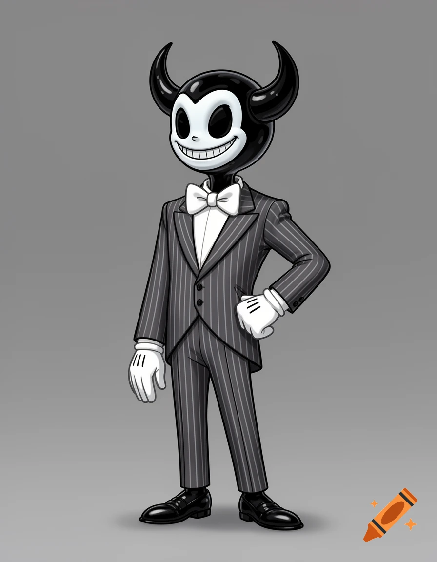A grinning black cartoon demon with horns, a white mask face, pinstriped tuxedo, and white gloves, in a 2D digital animation style.