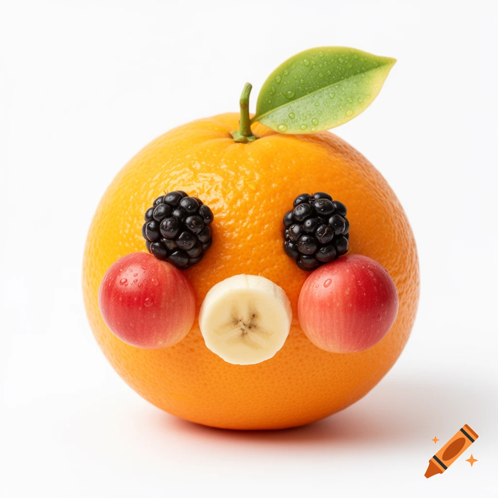 A smiling fruit baby face made from an orange, blackberries for eyes, red apples for cheeks, and a banana slice for a mouth, with a green leaf.