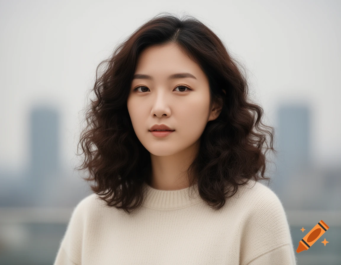 Photorealistic portrait of a young East Asian woman with dark curly hair wearing a light sweater, blurry city background.