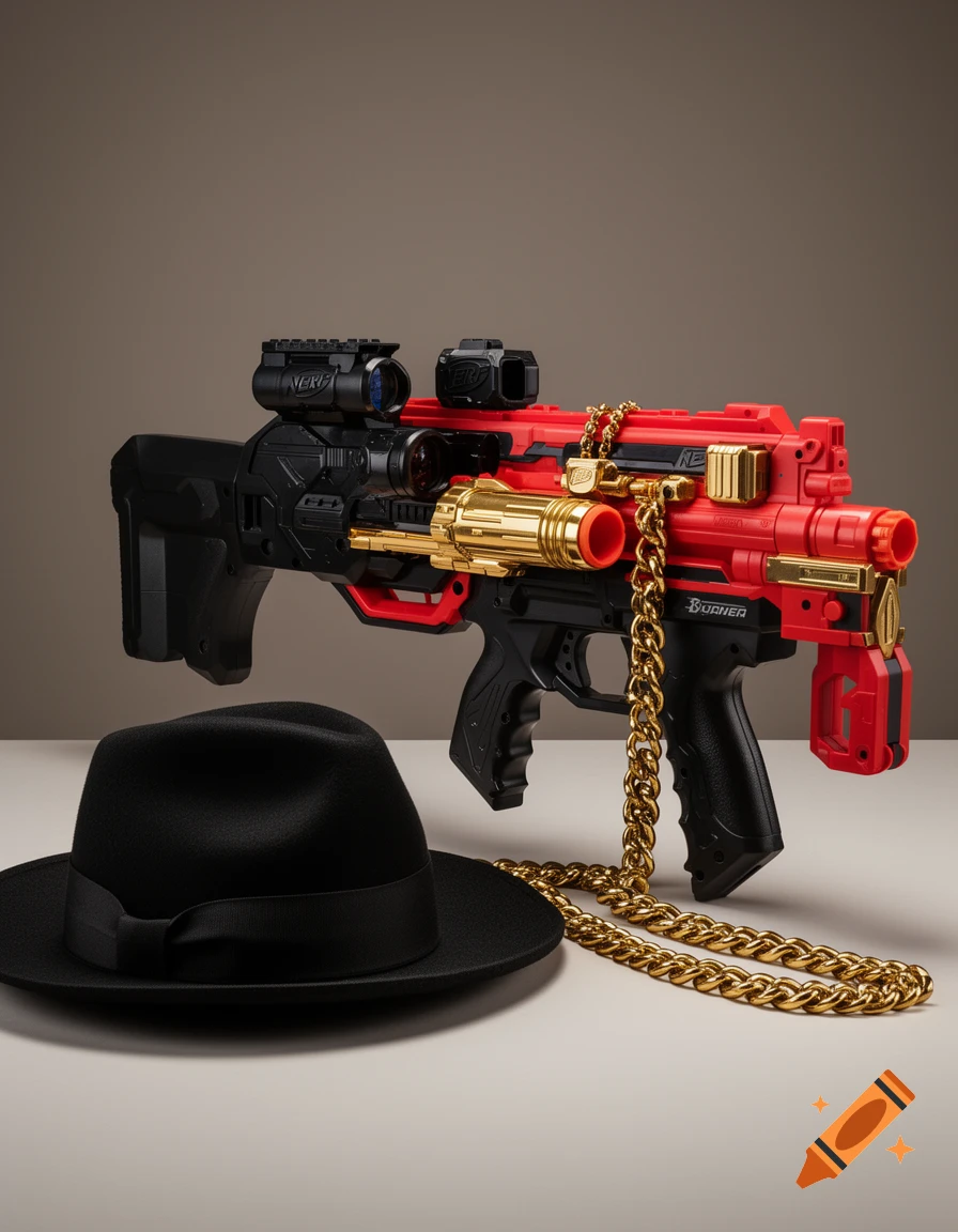 A black, red, and gold toy Nerf gun with a scope and a gold chain, next to a black fedora hat.