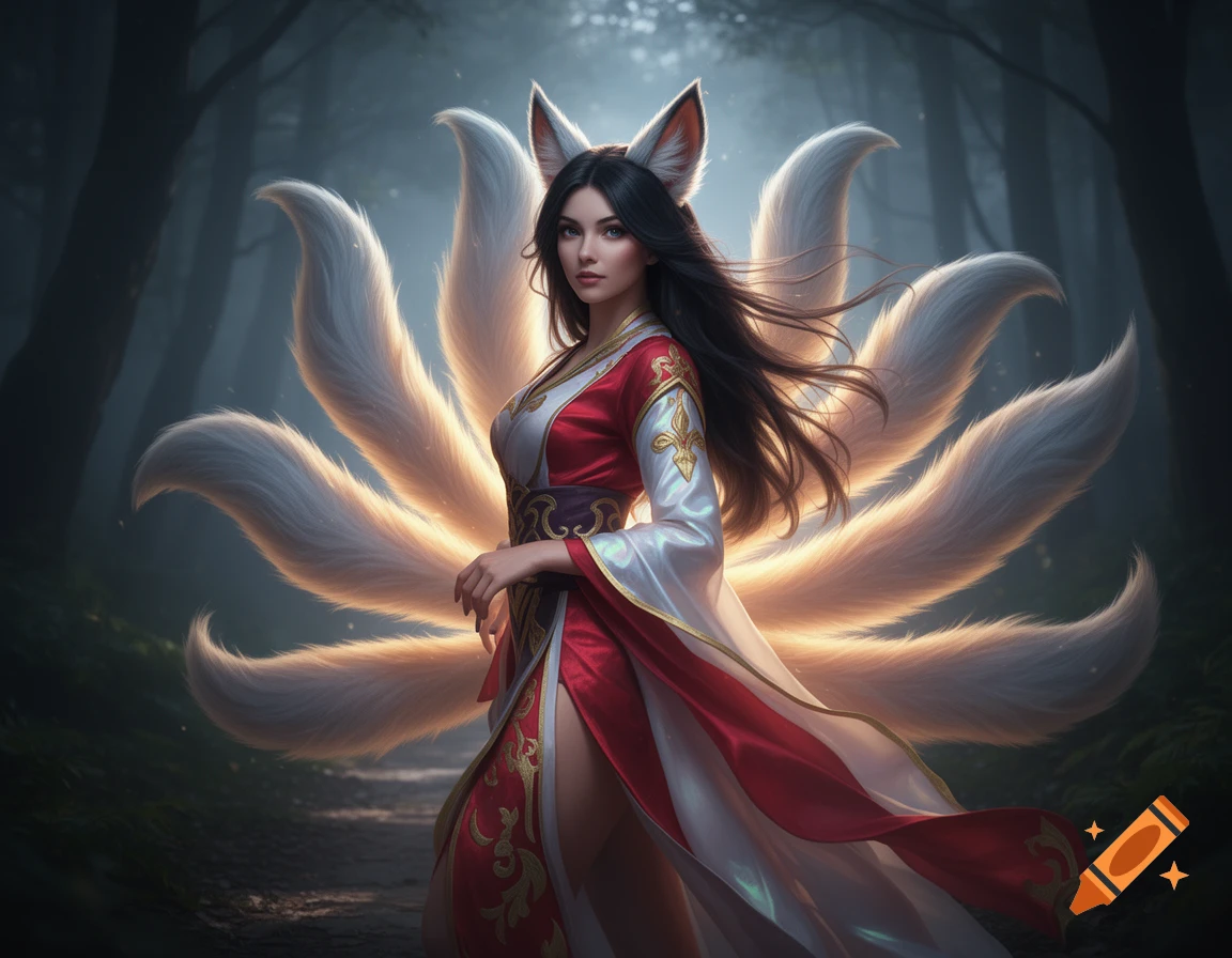 A beautiful nine-tailed fox girl, Ahri from League of Legends, stands on a misty forest path, wearing a red and white outfit.