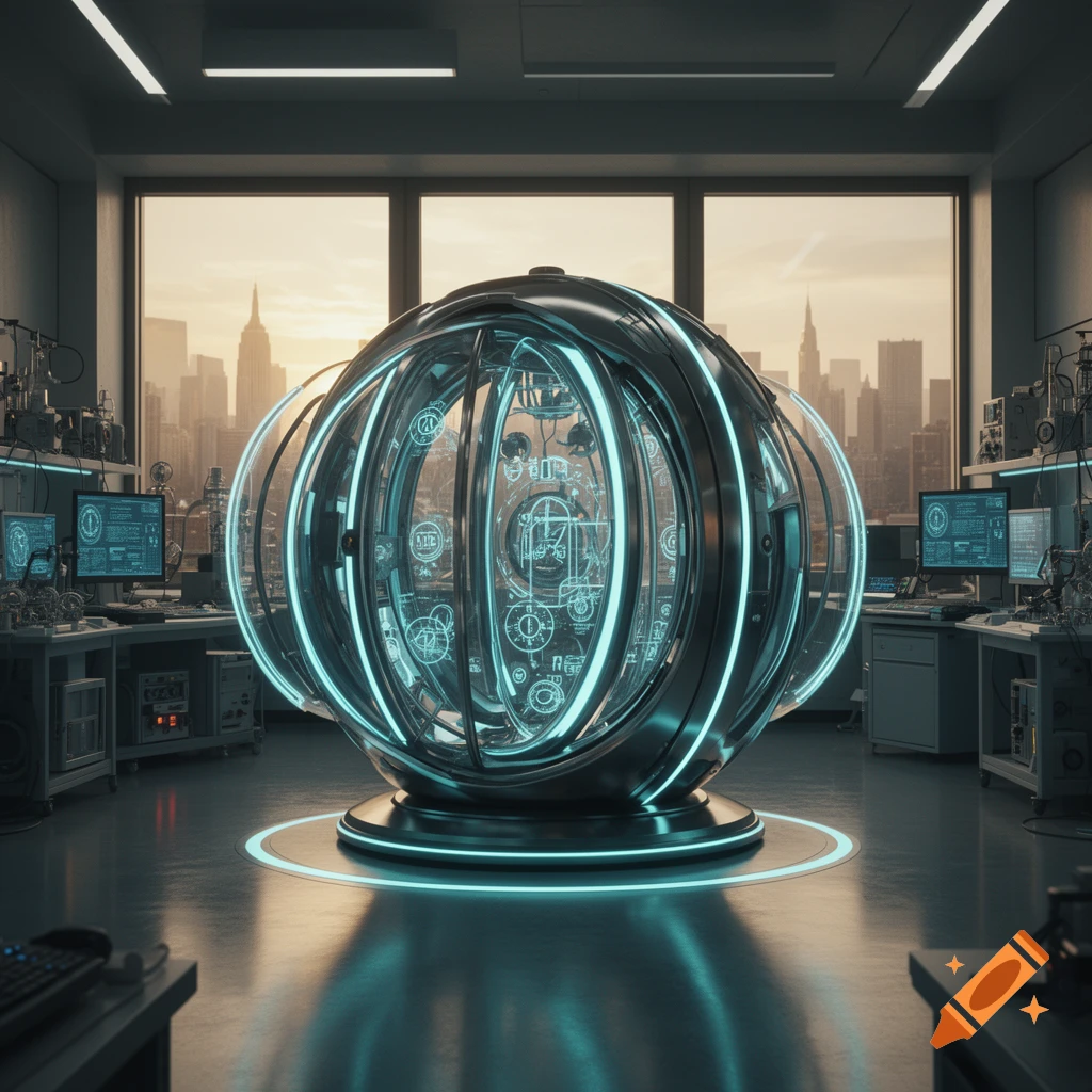 A large, glowing, spherical time machine sits in a futuristic lab with city views, surrounded by computer monitors.