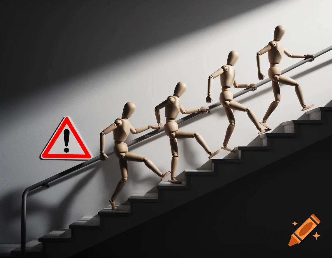 Four wooden mannequins ascend a dimly lit staircase, holding a handrail. A red hazard triangle sign is on the wall.
