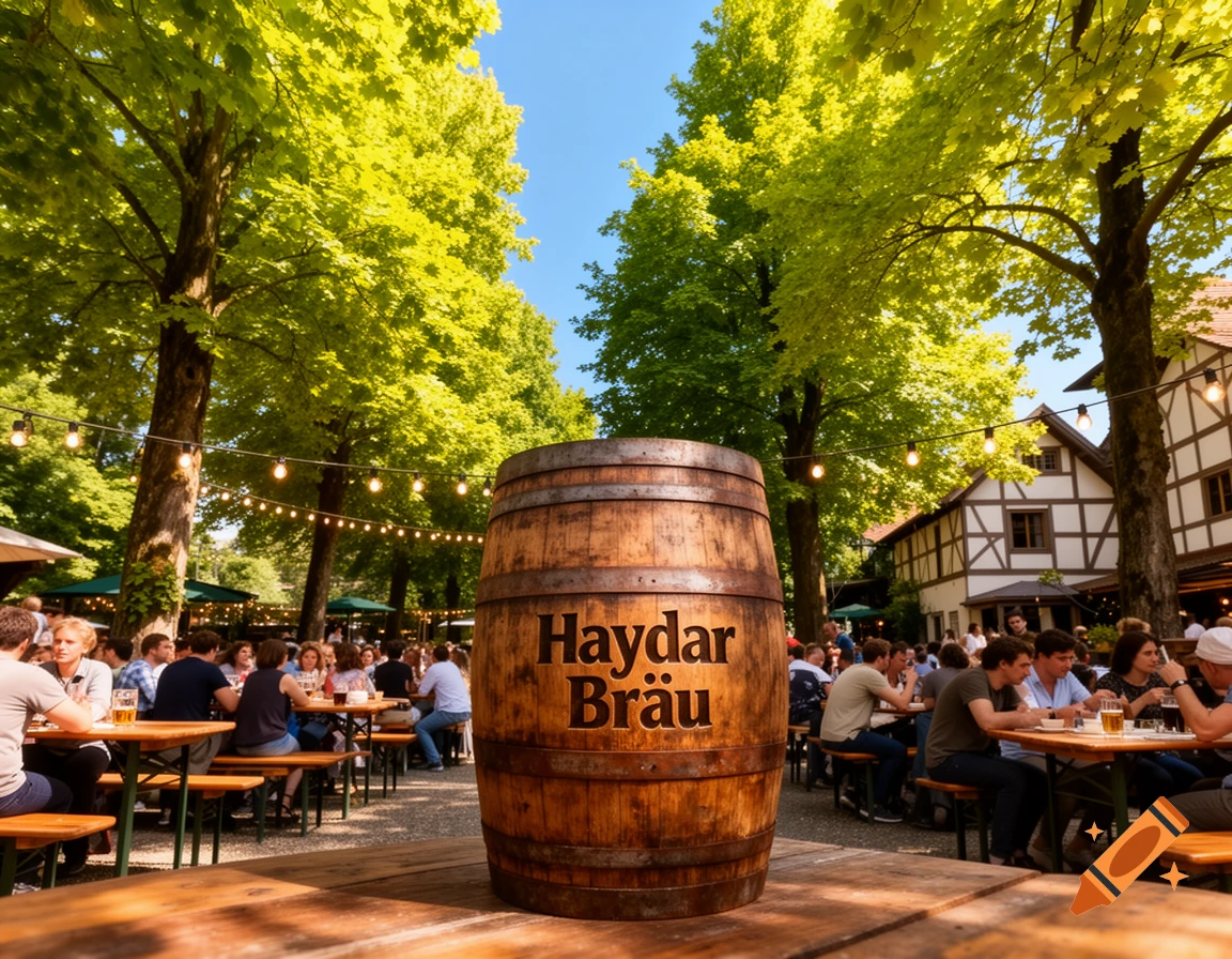 A large wooden beer barrel with 'Haydar Bräu' text in the foreground of a bustling outdoor beer garden with people dining under trees and string lights.
