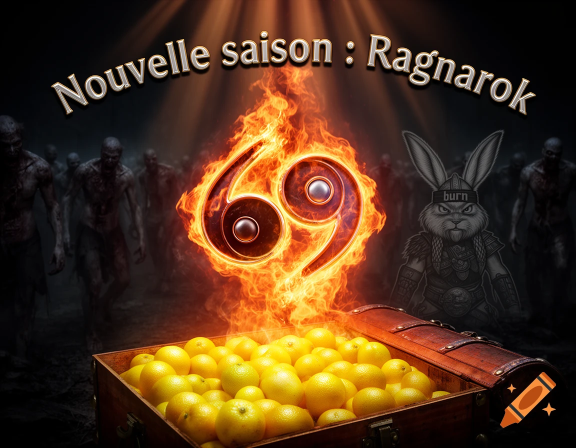 A flaming '69' symbol over a chest of lemons, with a Viking rabbit and zombies in the background. Text 'Nouvelle saison : Ragnarok'.