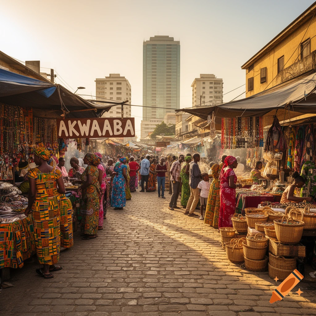 A vibrant outdoor market scene in Ghana with numerous people in colorful attire browsing stalls, under a clear sky with city buildings in the background. Photorealistic style.