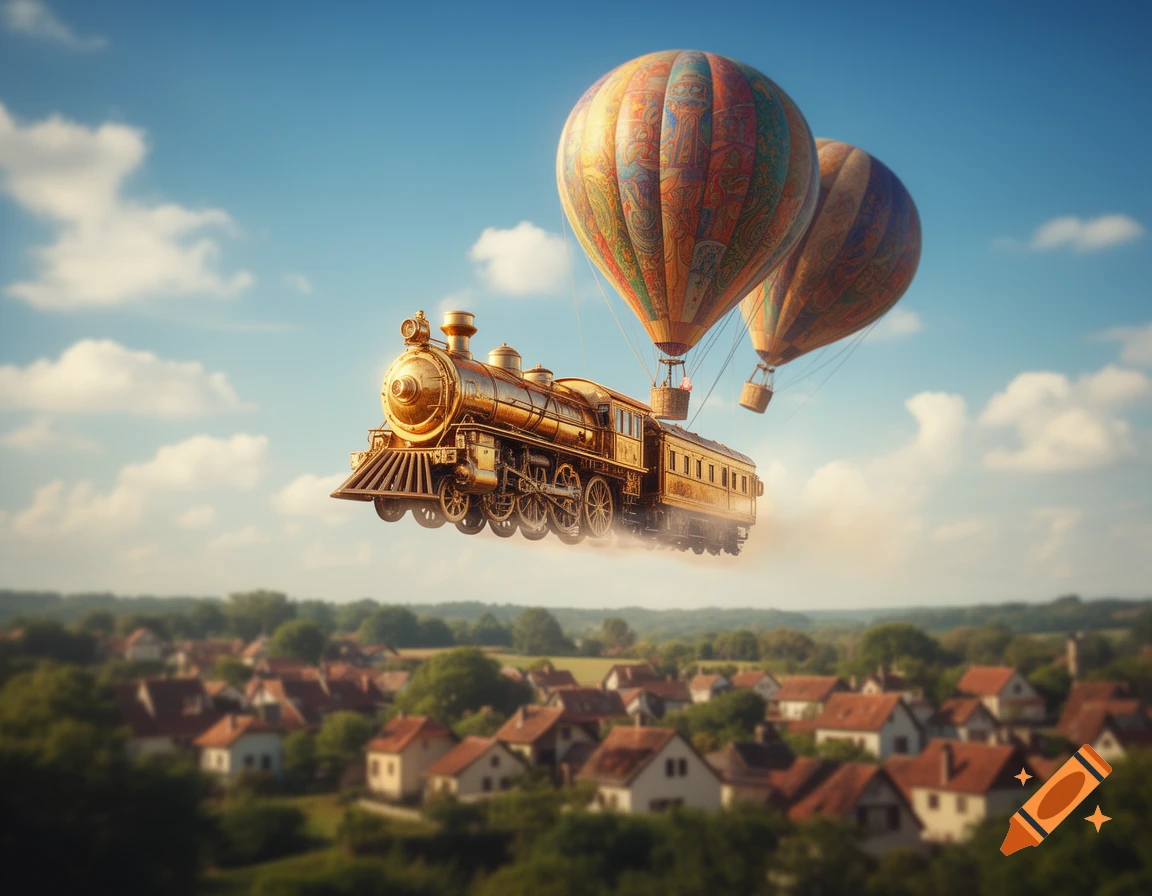 A golden steampunk flying train with two colorful hot air balloons behind it, soaring above a village under a clear blue sky.