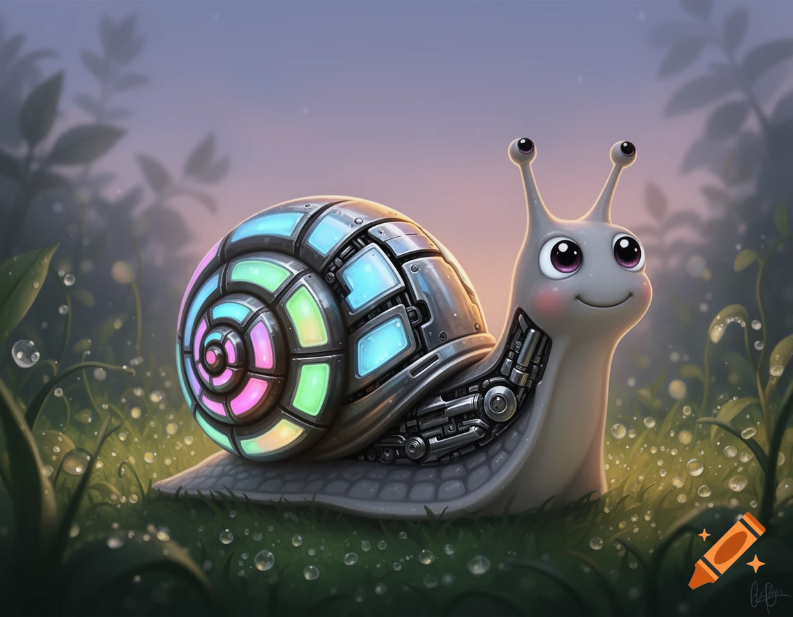 A cute, stylized snail with a segmented, glowing robotic shell, big eyes, and rosy cheeks, sits in dewy grass.