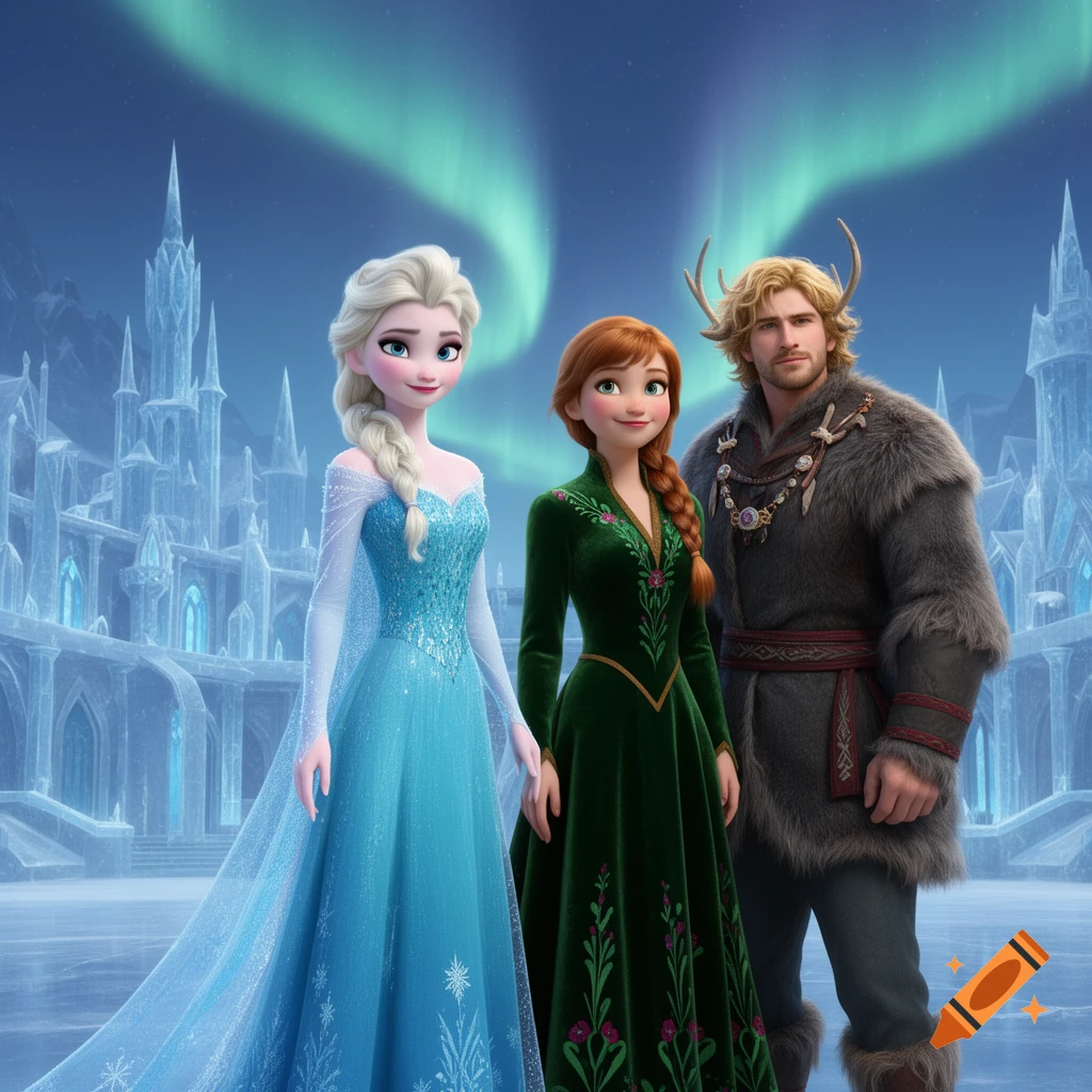 Elsa, Anna, and Kristoff with antlers stand before an ice castle and aurora borealis in a winter scene.
