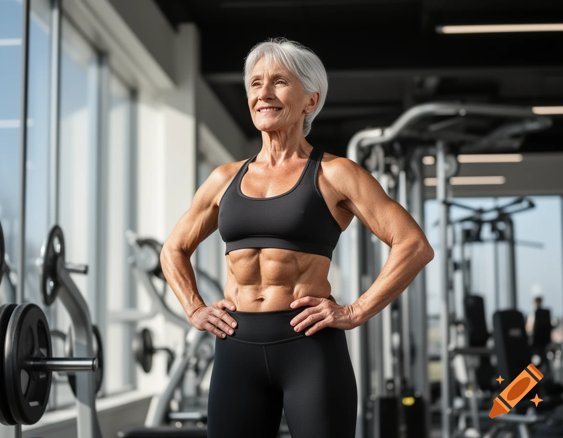 A smiling muscular elderly woman in a black sports bra and leggings poses with hands on hips in a gym.