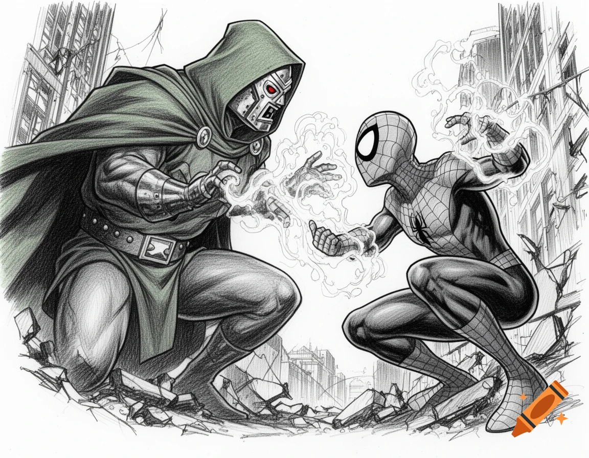 A detailed comic-style pencil sketch shows Doctor Doom casting energy at Spider-Man in a dynamic standoff amidst city ruins.