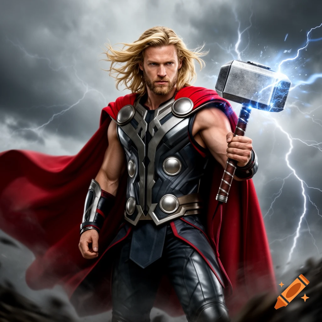 A photorealistic depiction of Thor, a superhero with long blonde hair and a beard, in his armor and red cape, holding his glowing hammer Mjolnir against a stormy, lightning-filled sky.
