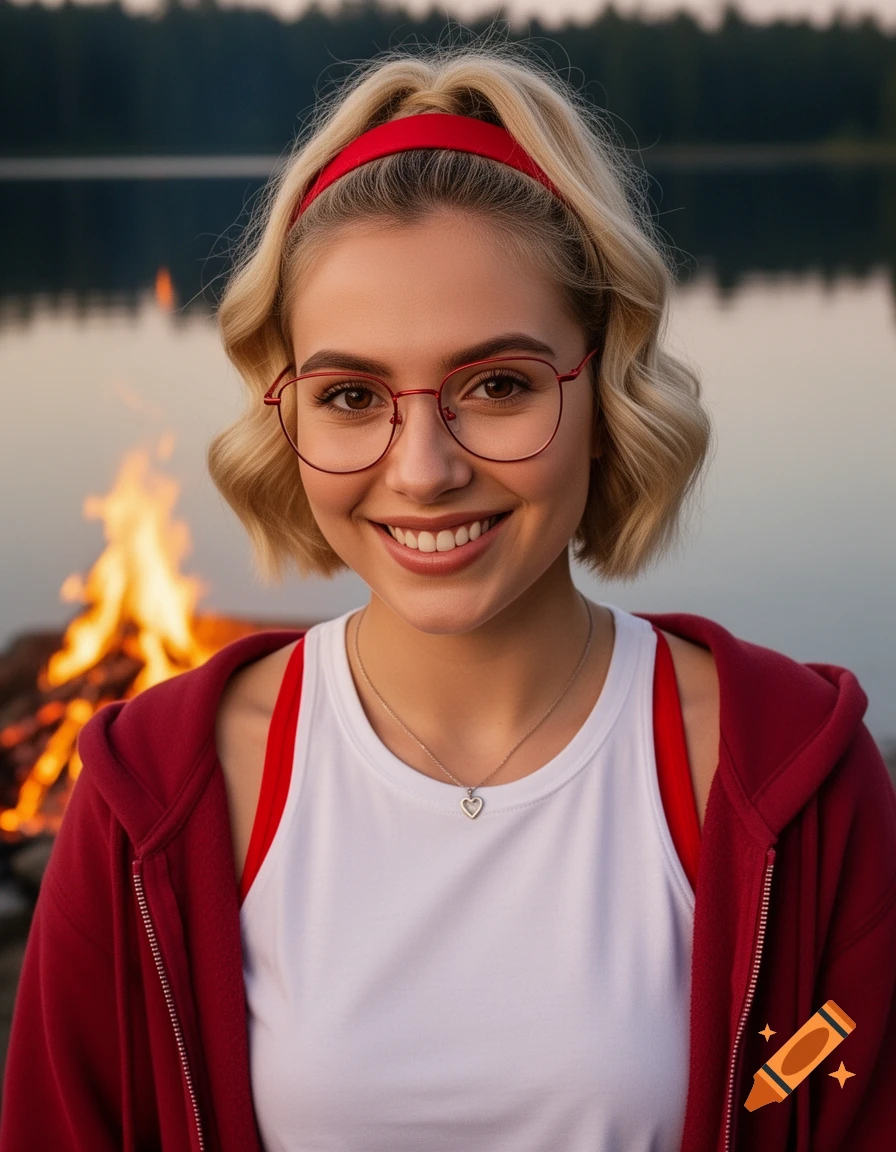 Smiling young woman with blonde bob, red headband, and red glasses, wearing a red hoodie and white top, by a campfire at a lake.