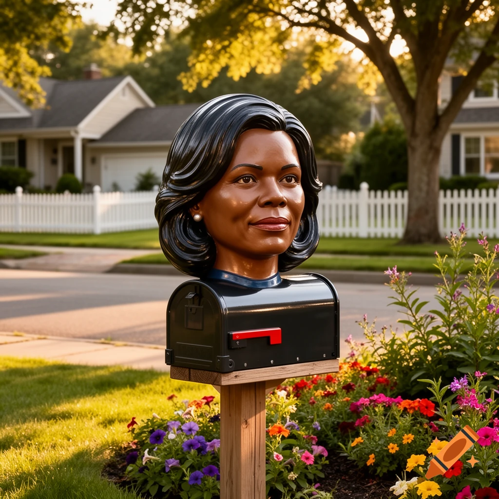 A realistic bust resembling Michelle Obama sits atop a black mailbox, surrounded by colorful flowers in a suburban front yard.