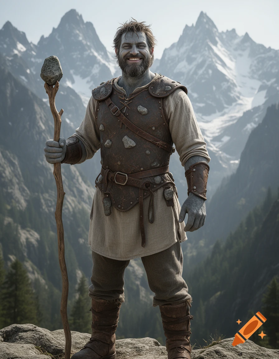 A smiling, grey-skinned male Goliath druid in leather armor, holding a stone-topped staff, stands on a rocky mountain peak.
