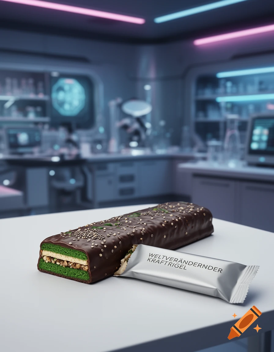 A chocolate-covered bar with green and white layers, next to its wrapper "Weltverändernder Kraftrigel," in a futuristic lab.