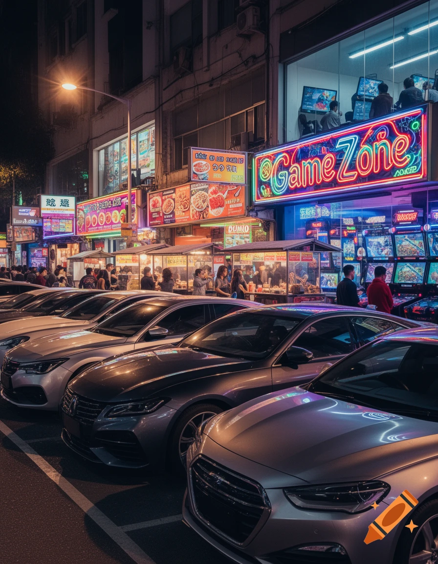 A vibrant night street scene with parked cars, glowing food stalls, and a neon-lit 'Game Zone' arcade sign overhead.