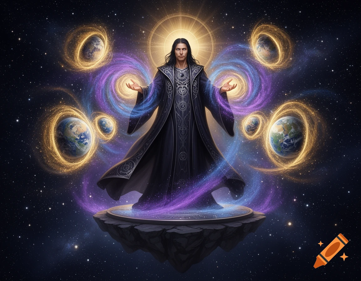 A powerful man with long dark hair stands radiating light in deep space, surrounded by swirling purple and gold energy and multiple planets.