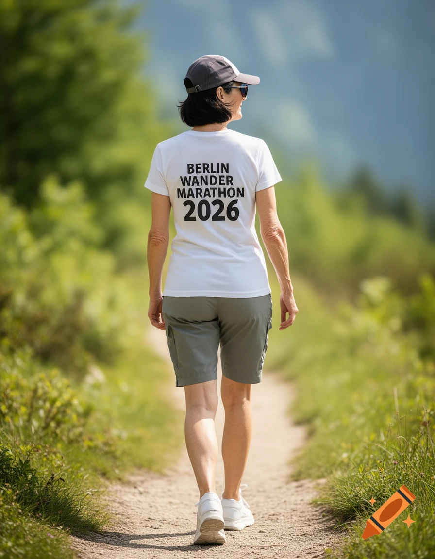 A woman from behind, wearing a white t-shirt with 'BERLIN WANDER MARATHON 2026' printed on it, gray shorts, and a cap, walks on a dirt path through a green landscape.