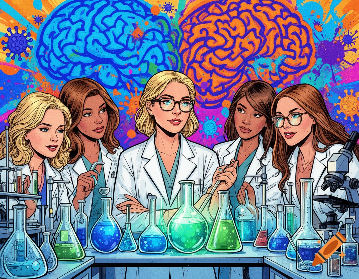 Vibrant comic book illustration of five diverse female scientists working in a chemistry lab, with abstract brains and viruses in the background.