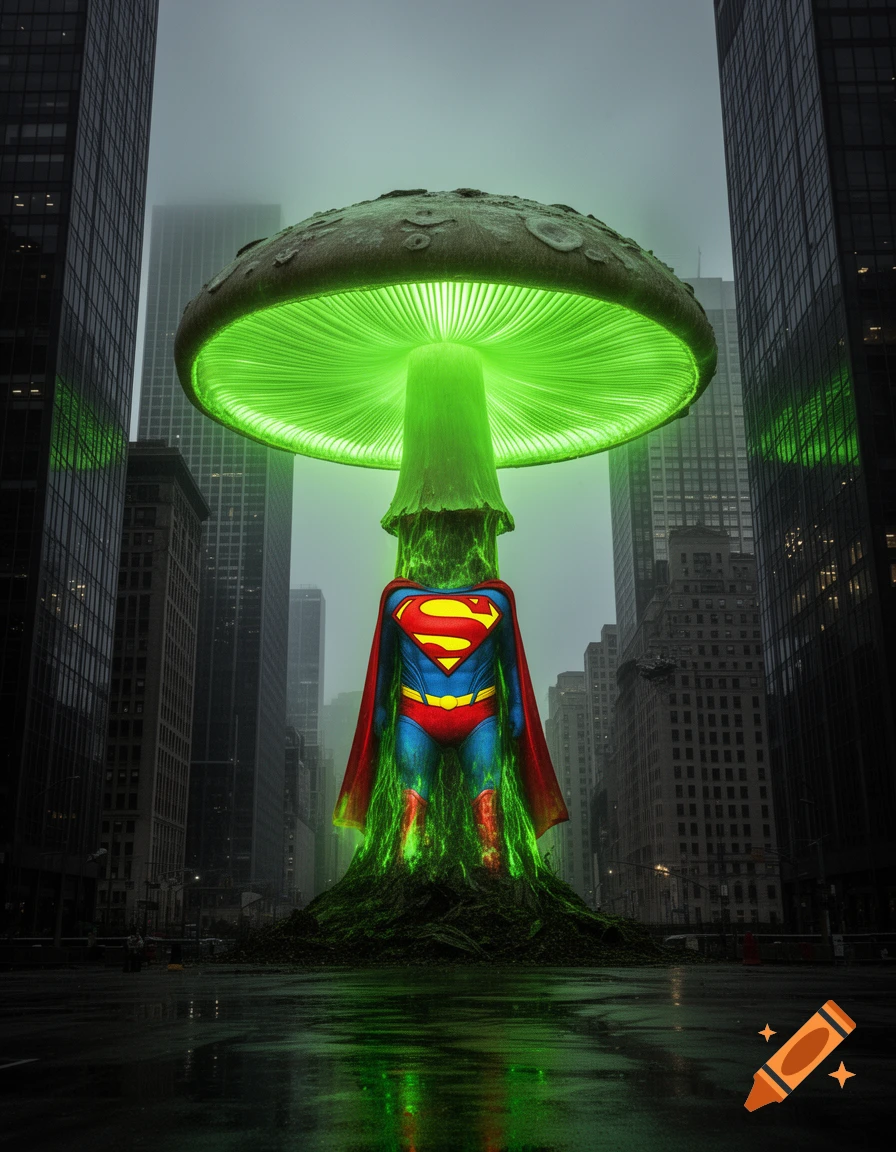 Superman's torso and legs emerge from a giant, glowing green mushroom in a dark, rainy city street. Tall buildings loom.