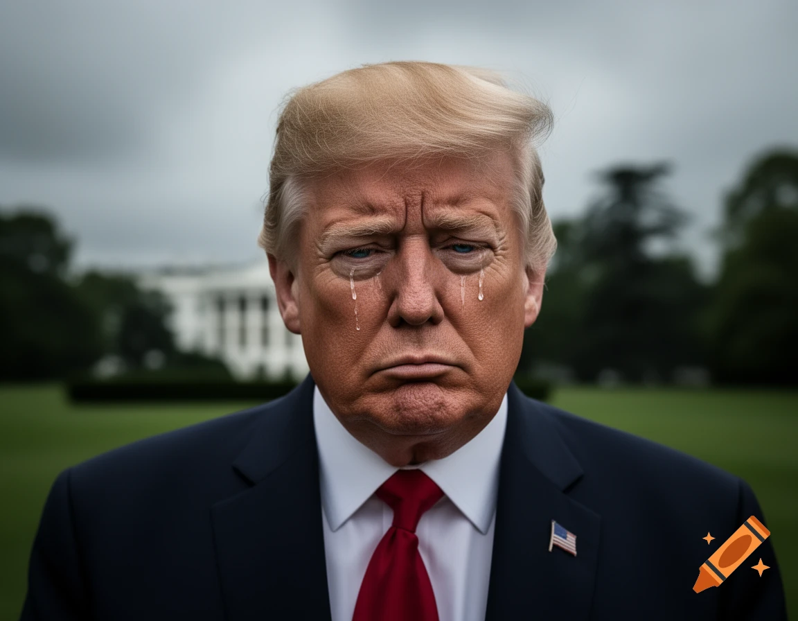 Photorealistic portrait of Donald Trump crying with tears running down his face, looking sad, with the White House visible in the blurred background.